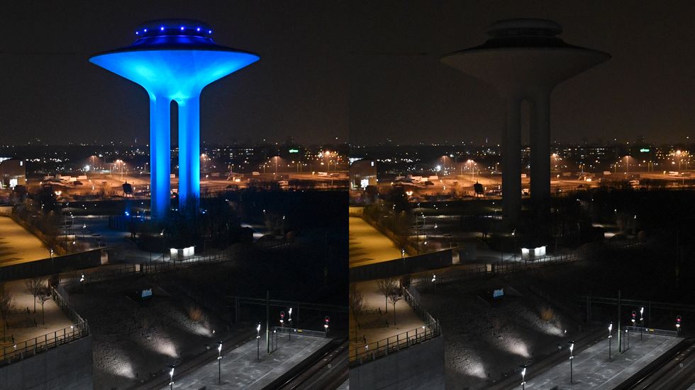 Vattentornet i Hyllie, Skåne, har släckts under Earth hour. Här 2019. Arkivbild.