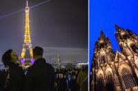 Kölnerdomen i Köln och Eiffeltornet i Paris lyser igen nattetid. Arkivbild. 