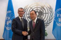 Natos norske generalsekreterare, socialdemokraten Jens Stoltenberg, på FN-besök hos kollegan Ban Ki-moon.