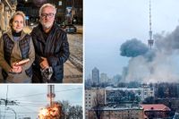 Tv-tornet i Kiev träffades av rysk beskjutning i tisdags. Högst upp t v: SvD: Gunilla von Hall och Staffan Löwstedt på plats i Lviv.