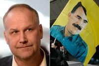 Vänsterpartiets ledare Jonas Sjöstedt höll 2015 tal framför en bild på PKK:s förre ledare Abdullah Öcalan.