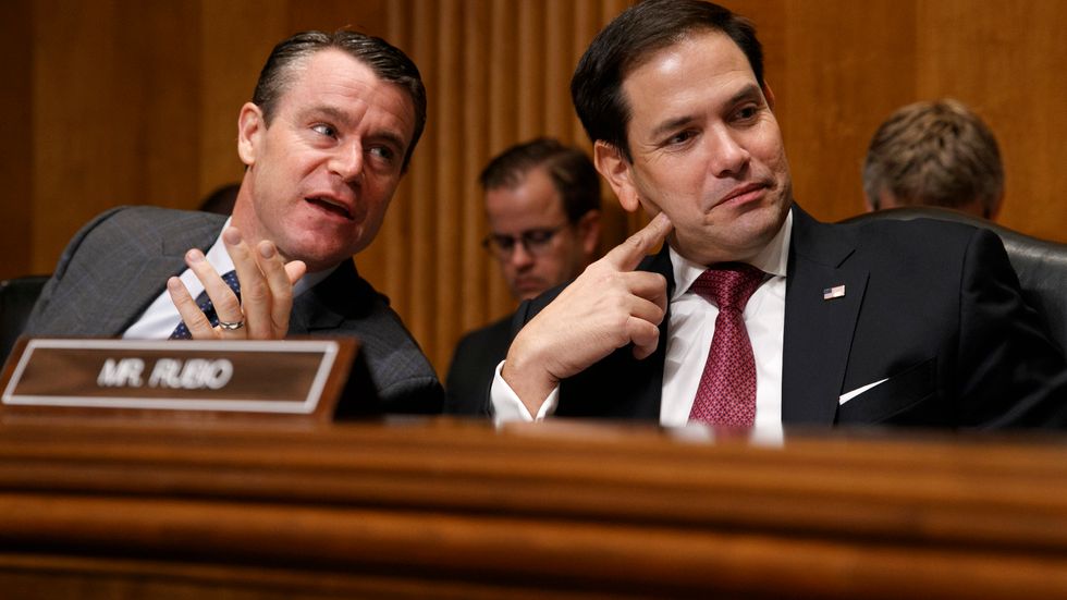 De republikanska senatorerna Todd Young och Marco Rubio vid tisdagens debatt om Hongkong i USA:s senat.