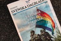 Försvarsmaktens reklamkampanj inför Prideveckan på Svenska Dagbladets förstasida. 