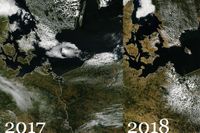 Den amerikanska vädersatelliten Suomi NPP:s bilder visar vad extremvärmen har gjort med det svenska landskapet. Läs mer om satellitbilderna längre ner. 