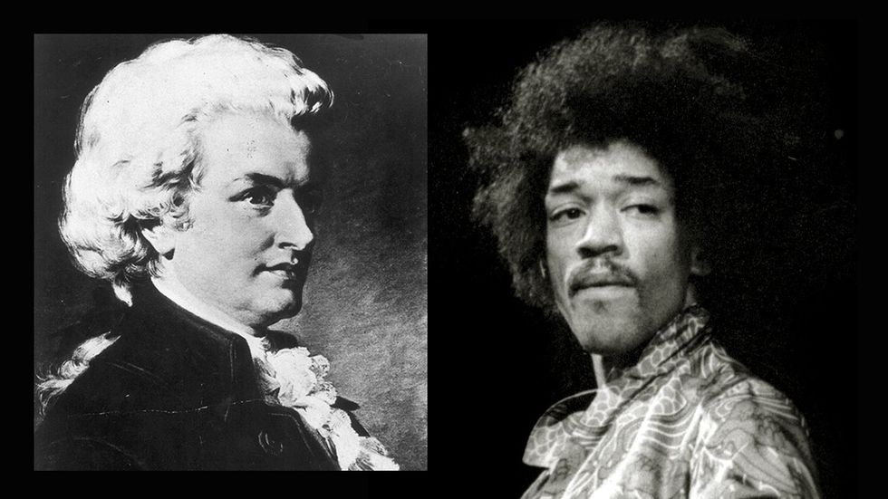Två improvisationsmusiker: Wolfgang Amadeus Mozart och Jimi Hendrix.