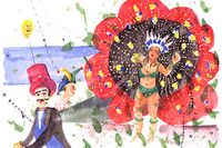 Lennart Aschenbrenners färgrika illustrationer skildrar livet i Nice. Denna bild, som är beskuren, finns i bokens sista kapitel om stadens årliga karneval.