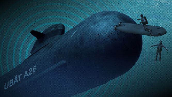 Sverige ska få två nya ubåtar av modell A26. De får bland annat en speciell lucka för dykare och ska kunna hantera mindre undervattensfarkoster. Grafik: Lars Arvestål