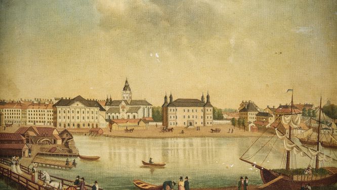 Slottet Makalös, på en stor tomt mellan Kungsträdgården och Strömmen. Målning av okänd konstnär. 1800-tal.