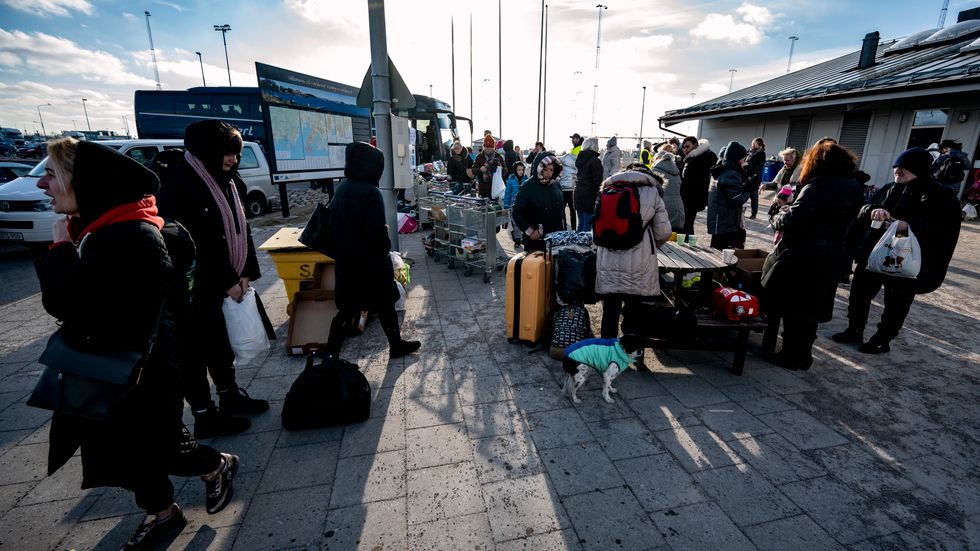 Ukrainska flyktingar på väg mot väntande bussar efter ankomst till hamnen i Karlskrona på torsdagsmorgonen. När fler ukrainare kommer till Sverige ökar behovet av tolkar som behärskar språket.