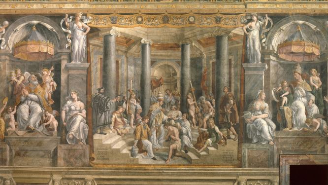 ”Konstantin den stores dop” målning utförd av elever till Rafael, daterad till 1517–1524. Att romarriket skulle ha gått under på grund av rikets kristnande är en tes som har övergivits.