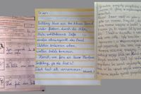 Skolarbete i Europa, 2023. 7-åriga Luisa i Belgien, 8-årige Noah i Tyskland och 9-åriga Maja i Polen. Handskrift tränas systematiskt genom årskurserna tills eleven kan skriva ledigt för hand.