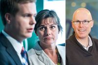 Miljöpartiets nya språkrörsduo, Fridolin och Lövin. Till höger Jonas Hinnfors.