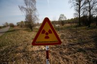 En varningsskylt vid en vägspärr in till den avstängda zonen runt Tjernobyl i Ukraina. Arkivbild.