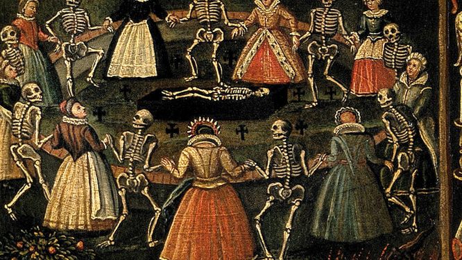 Tysk 1700-talsmålning visar ”danse macabre”. 