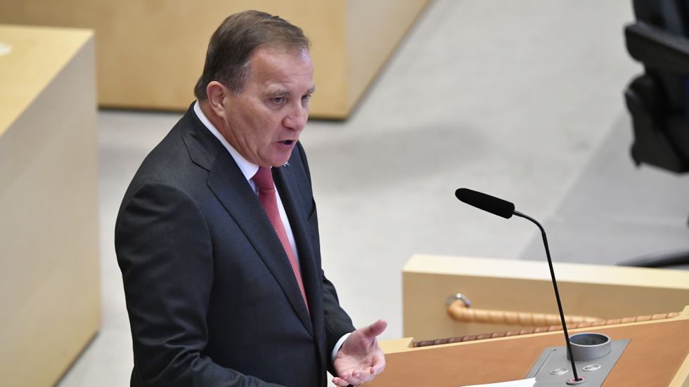 Statsminister Stefan Löfven (S) talar vid riksdagsårets första partiledardebatt i riksdagen.