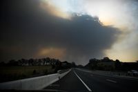 Rök från Currowan-branden syns över staden Nowra i den australiska delstaten New South Wales tidigare i år.