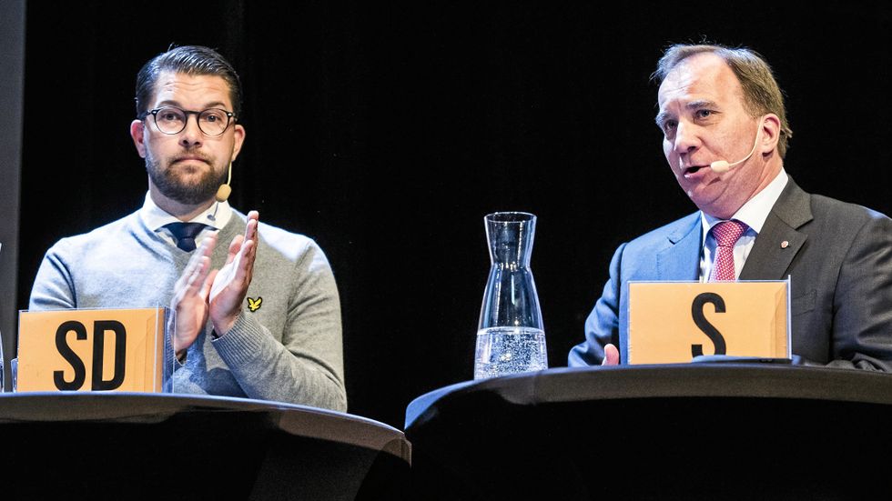 Jimmie Åkesson (SD) och Stefan Löfven (S) under en partiledardebatt 2018.