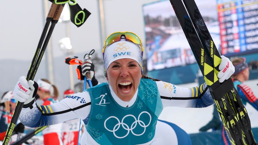 Charlotte Kalla vann OS-guld i skiathlon 2018.
