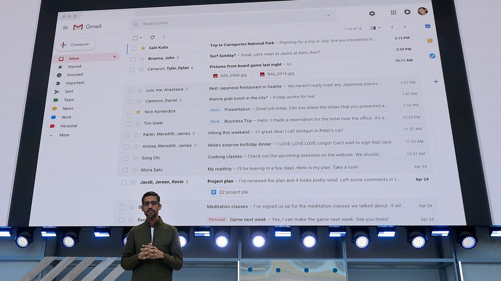 Googles vd Sundar Pichai vid en presentation om Gmail i Kalifornien, USA för fyra år sedan.