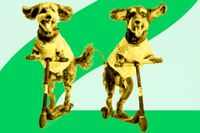 ”A photograph of two dogs, they’re each wearing tiny swimsuits and are riding tiny E-Scooters, digital art” enligt Dall-E. Illustration: Liv Widell