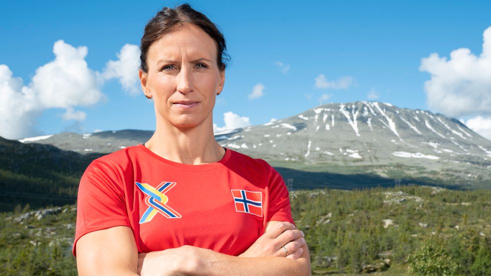 Marit Bjørgen under inspelningen av "Sverige mot Norge".