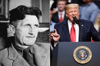 Till vänster George Orwell, författaren bakom dystopiska 1984. Till höger USA:s president Donald Trump.