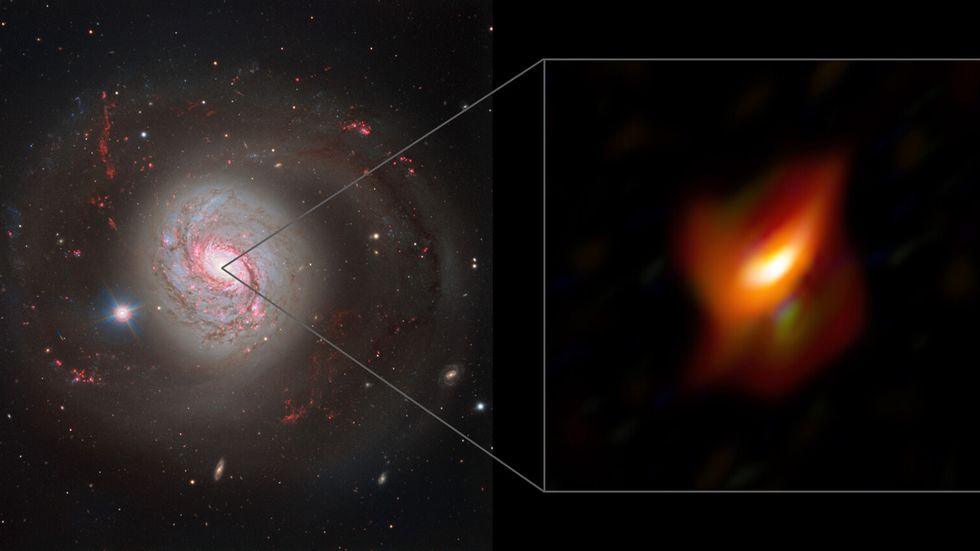 Till vänster syns galaxen Messier 77 och till höger visas galaxens innersta del, dess aktiva galaxkärna.
