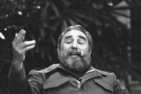 Fidel Castro intervjuas i presidentpalatset i Havana 1985.