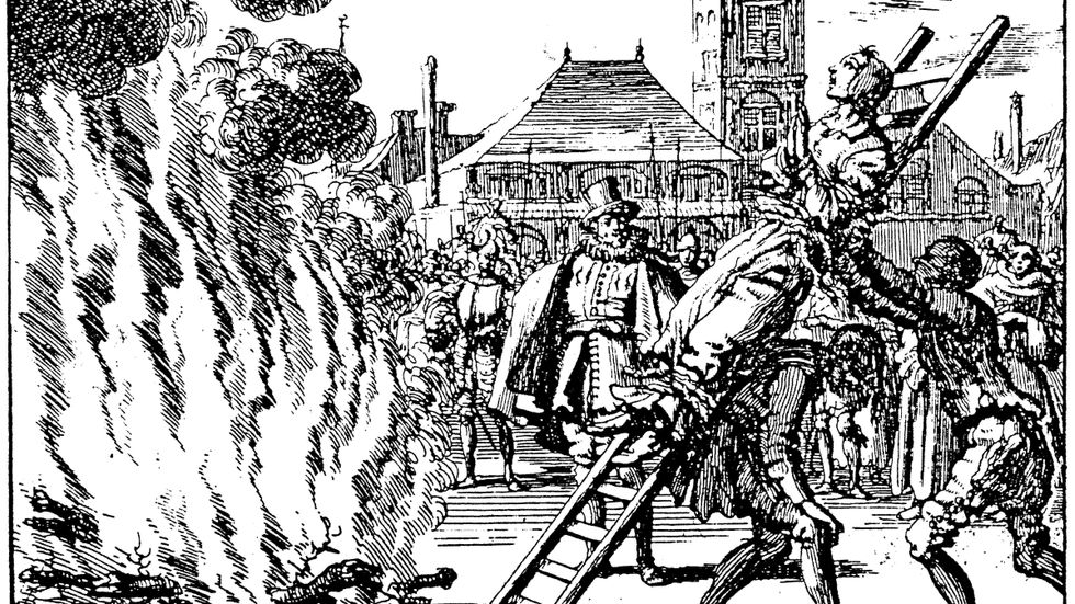 Den utpekade häxan Anne Hendrichs bränns på bål i Amsterdam 1571. Kopparstick av Jean Luyken 1686.