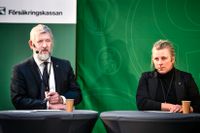 Försäkringskassans generaldirektör Nils Öberg och Försäkringskassans Maria Sjögren under presskonferens om utbetalningen av elstöd.