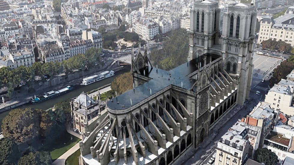 En pool i stället för spira på taket till Notre-Dame är förslaget från svenska arkitektfirman UMA. Pressbild.