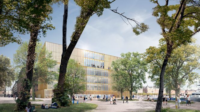 En datorgenererad bild av Nobelcenter på Blasieholmen i Stockholm, som förslaget såg ut i juni 2016.