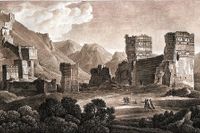 Antiokias antika stadsmur föll i ruiner vid den stora jordbävningen år 526. Etsning av Louis-François Cassas från sent 1700-tal.
