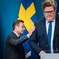 Statsminister Ulf Kristersson och justitieminister Gunnar Strömmer håller pressträff.