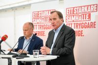 Socialdemokraternas partiledare och statsminister Stefan Löfven (th) håller pressträff med närings- och innovationsminister Mikael Damberg sista dagen av politikerveckan i Järva.