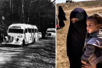 Folke Bernadottes vita bussar räddade många överlevande i nazisternas koncentrationsläger – men även svenska kvinnor som hade varit gifta med tyska soldater. Till höger: En kvinna och hennes barn flydde från Baghuz i Syrien i samband med att IS förlorade kontrollen över staden.