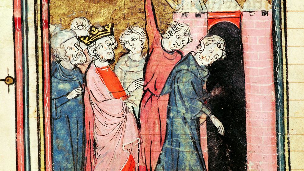 Karl Martell överser bestraffning och bannlysning av två män. Från verket Grandes Chroniques de France, 1375-79.