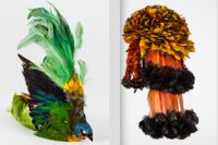 Huvudprydnader på utställningen ”Feathers”. Den gröna kommer från shuarfolket i Ecuador där fåglar har ett symboliskt värde. En av de viktigaste är tukanen, vars fjädrar används för att skapa en krona. Shuar, Ecuador, cirka 1950-tal. Den orange  (t h) är från mundurukúfolket i Brasilien, som kallar sig wuy jugu. Mundurukú, Brasilien, tidigt 1800-tal.