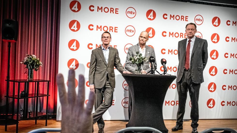 Telias tillförordnade vd Christian Luiga och Bonnier Broadcastings vd Casten Almqvist vid tisdagens presskonferens.