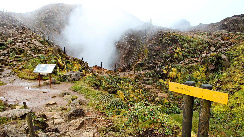 Vid toppen av vulkanen La Soufrière på 1467 meters höjd. Soufrère är franska för svavel, ett passande namn för en svavelosande plats.