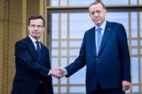 Statsminister Ulf Kristersson (M) och Turkiets president Recep Tayyip Erdogan. Arkivbild.