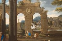 ”Cleobis och Biton”, målad av Thomas Blanchet cirka 1650, är en av de tavlor som visas på utställningen ”Arkadien – ett förlorat pardis” på Nationalmuseum.  