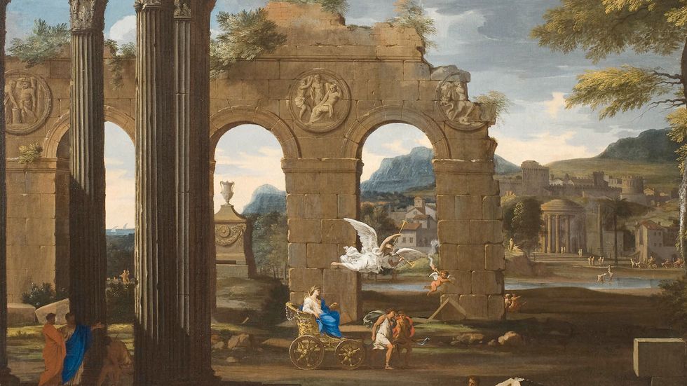 ”Cleobis och Biton”, målad av Thomas Blanchet cirka 1650, är en av de tavlor som visas på utställningen ”Arkadien – ett förlorat pardis” på Nationalmuseum.  