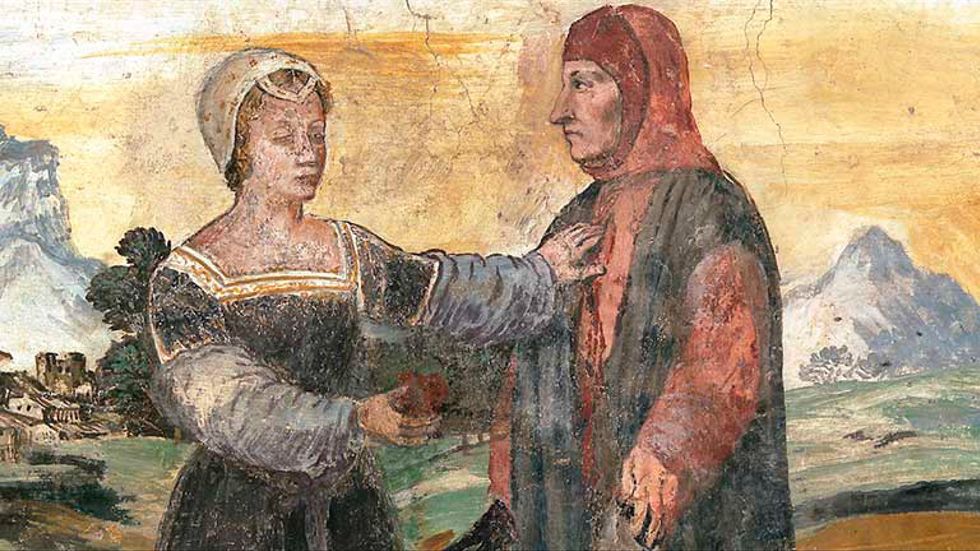 Petrarca med Laura på en fresk från 1500-talet.