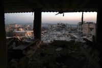 Förödelse i den syriska staden Jindires i norra Aleppoprovinsen efter veckans jordskalv.