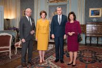 Margareta av Rumänien med prins Radu på besök hos den svenska kungafamiljen tidigare i våras.
