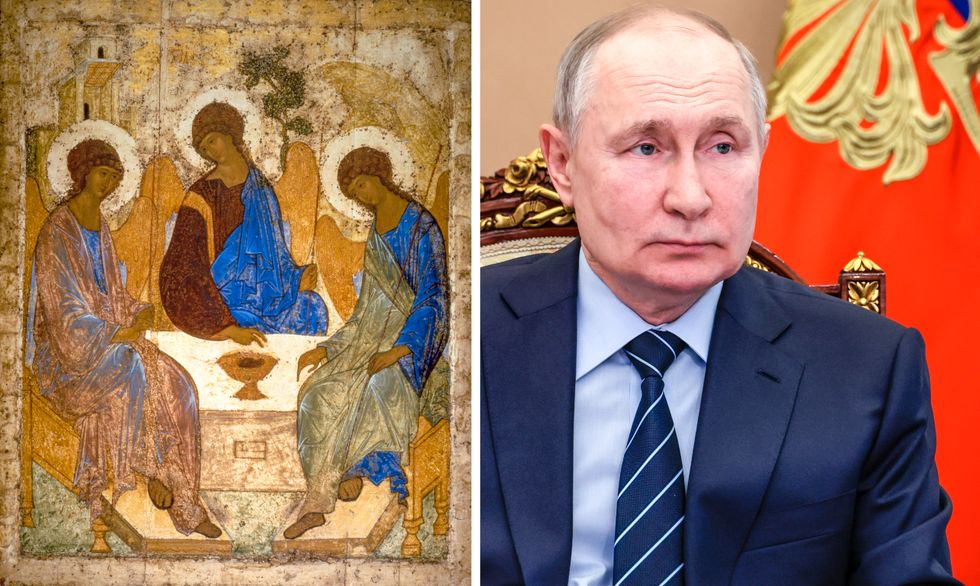 Rysslands president  skänker Andrej Rublovs ”Den heliga treenigheten” till kyrkan. Ikonen räknas som ett av konsthistoriens främsta mästerverk.