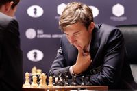Sergej Karjakin under det åttonde partiet i VM-schackmatchen mot Magnus Carlsen i New York.
