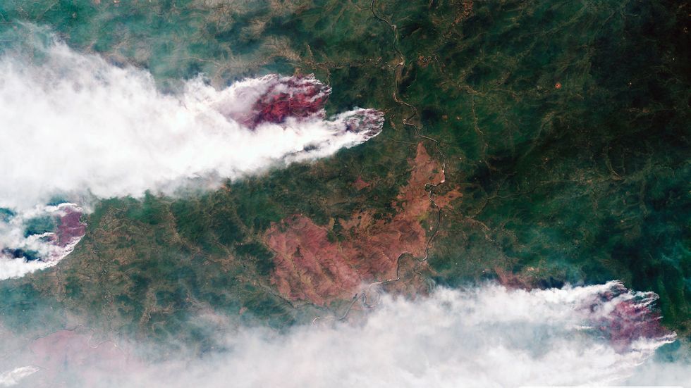 En satellitbild från den ryska rymdmyndigheten Roscosmos visar skogsbränderna i sibiriska Krasnojarsk den 21 juli.