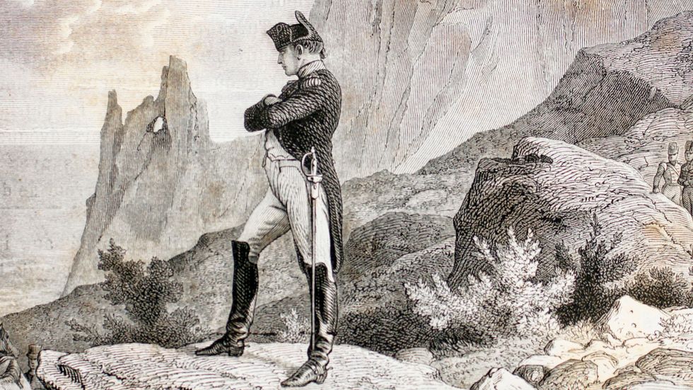 Napoléon Bonaparte slutade sina dagar på ön Sankt Helena i södra Atlanten. Kopparstick från 1800-talet.  